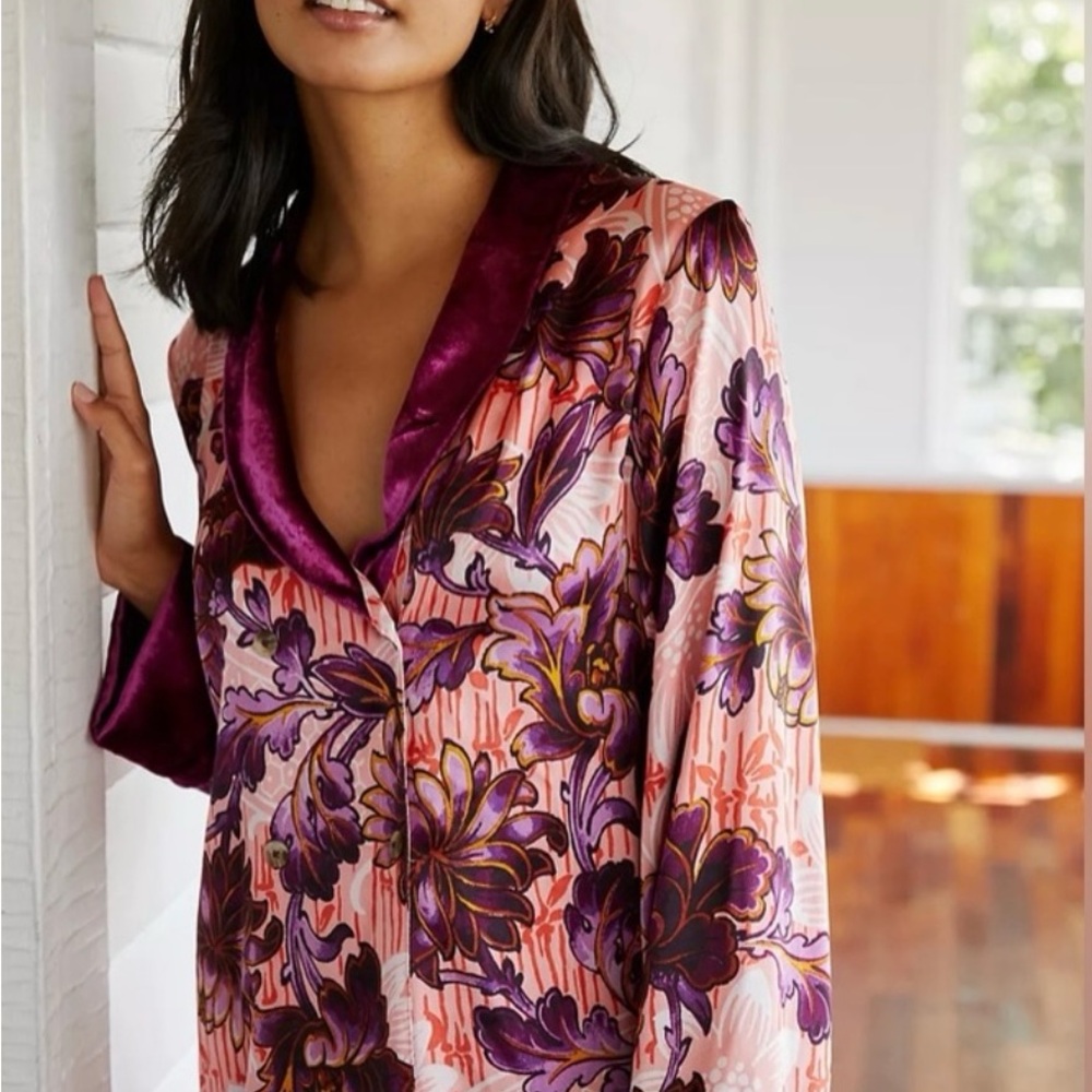 Anthropologie Floral Satin Robe - Purple and Pink